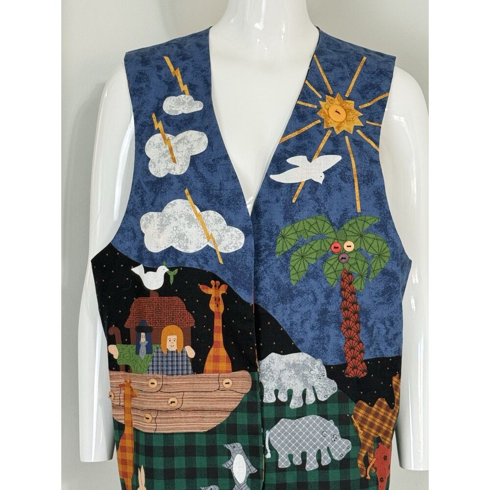 Vintage 90s Handmade Noah’s Ark Patchwork Reversible Vest Women’s Size L Boho - Picture 2 of 11